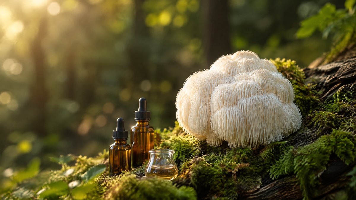 Löwenmähne Hericium erinaceus mit Glasfläschchen der Dual-Extraktion im Wald