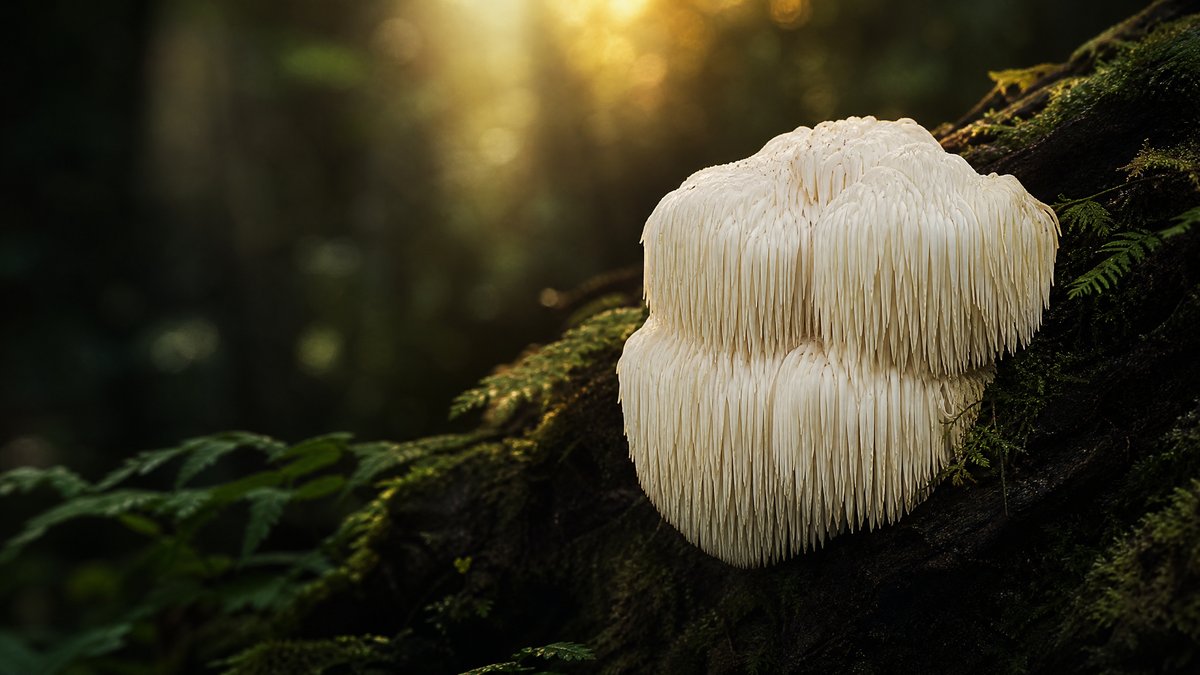 Löwenmähne Hericium erinaceus im grünen Waldlicht