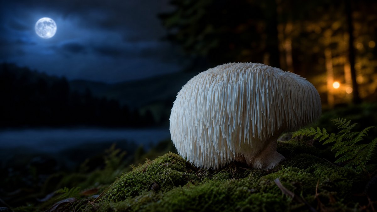Löwenmähne Hericium erinaceus in ruhiger nächtlicher Waldszene