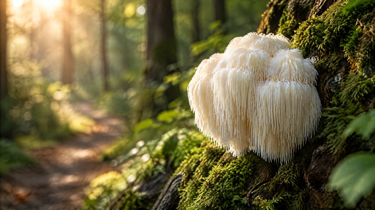Löwenmähne Hericium erinaceus im sonnigen Wald am Wanderweg