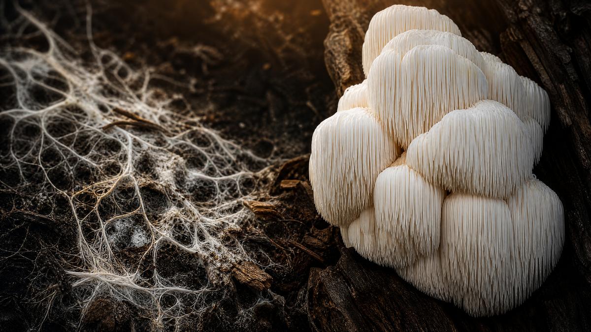 Fruchtkörper und Myzel von Löwenmähne Hericium erinaceus im Vergleich