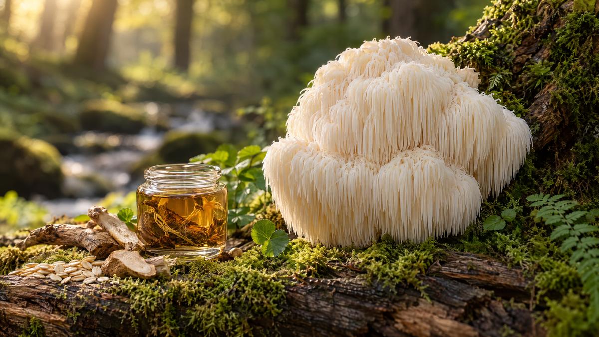 Löwenmähne Hericium erinaceus mit natürlichen Zutaten im Wald