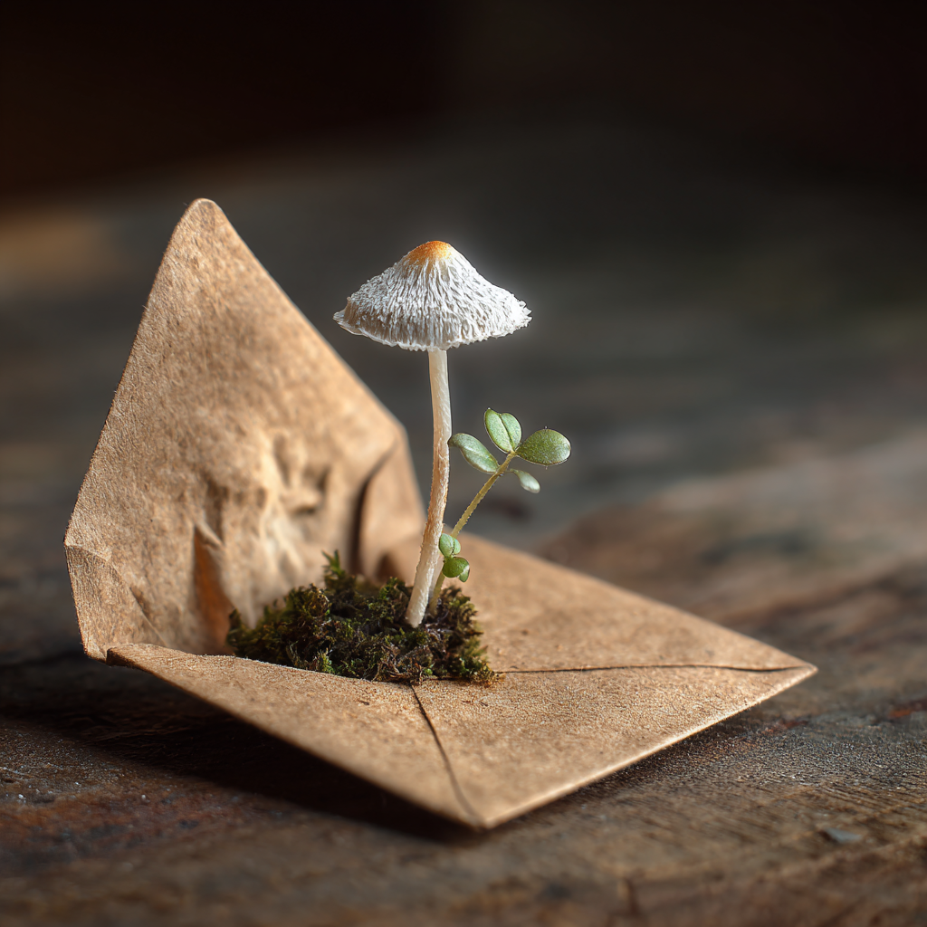mushroom growing out of an envelope 