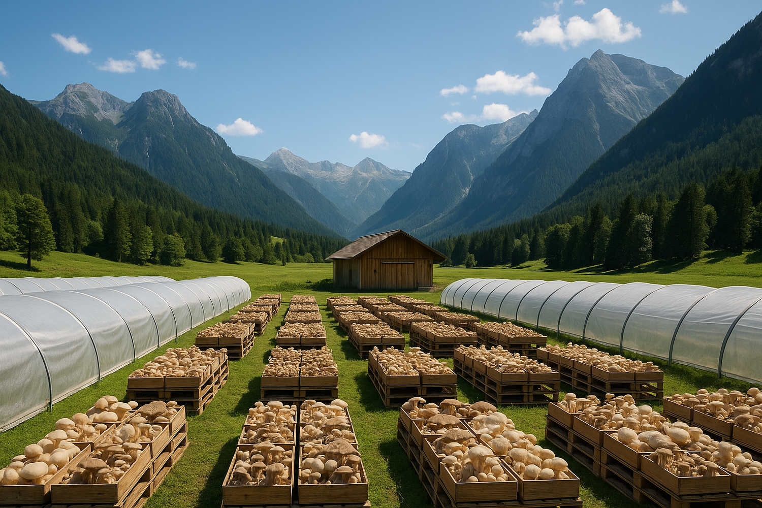 Schöne Pilzfarm-Szene mit Bergen im Hintergrund